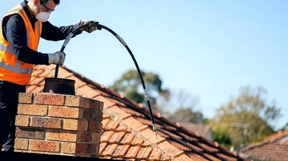 Two techs running rods and a camera during a flue check