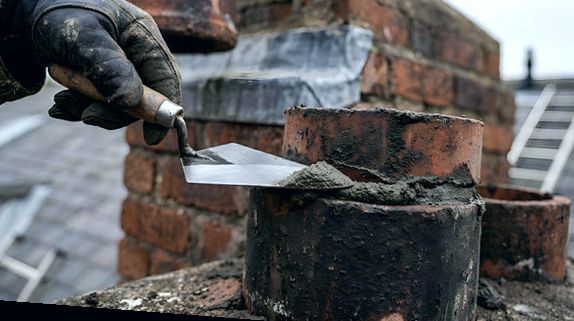 Repointing bed joints around a chimney pot on a Boston rowhouse