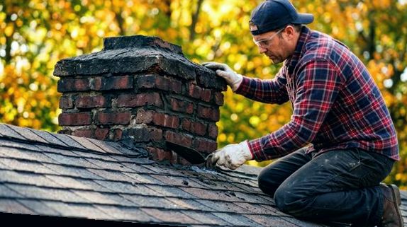 Mending brick courses on a leaning Boston chimney stack